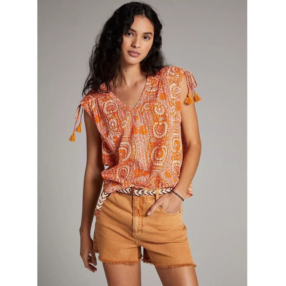 Anthropologie Terra Shirred Lightweight Flowing Printed Tassel Cotton Blouse
